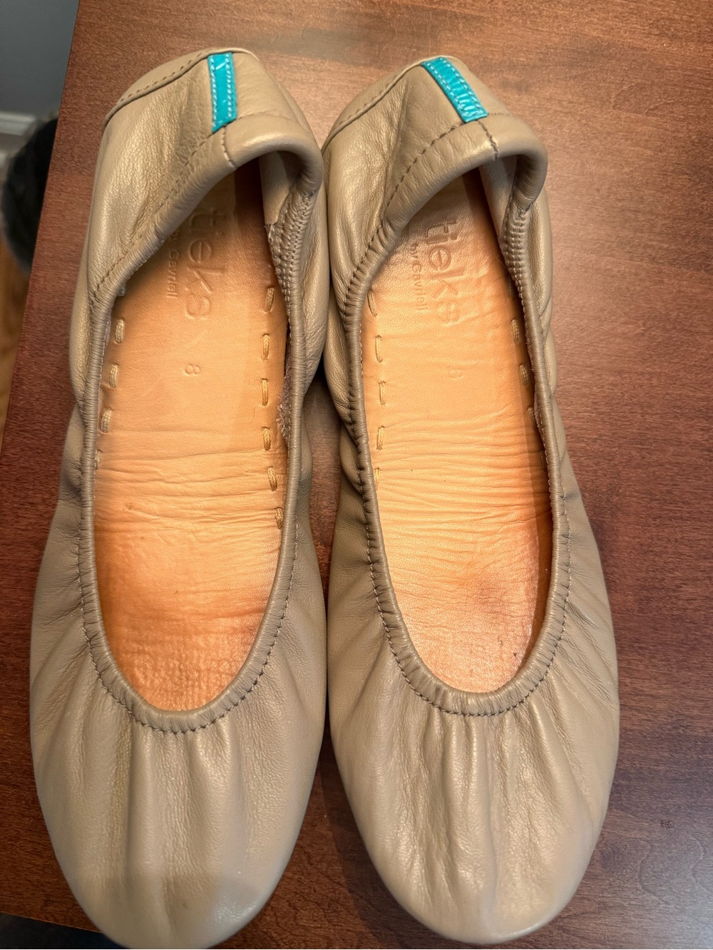 Tieks Taupe Leather Ballet Flats with Teal Tab